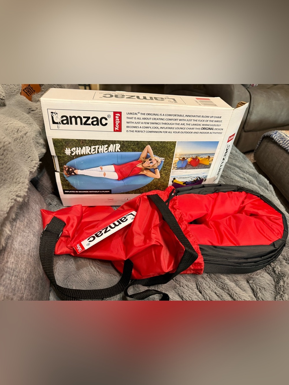 LAMZAC Fatboy indoor outdoor lounge chair. RED BLACK. Carrying bag
